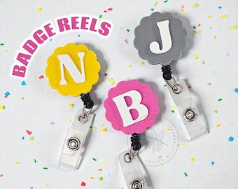 Scalloped Initial Badge Reel Holder, Personalized Custom Gift, Pick Your Initial, Teacher Appreciation, Retractable Badge Holder