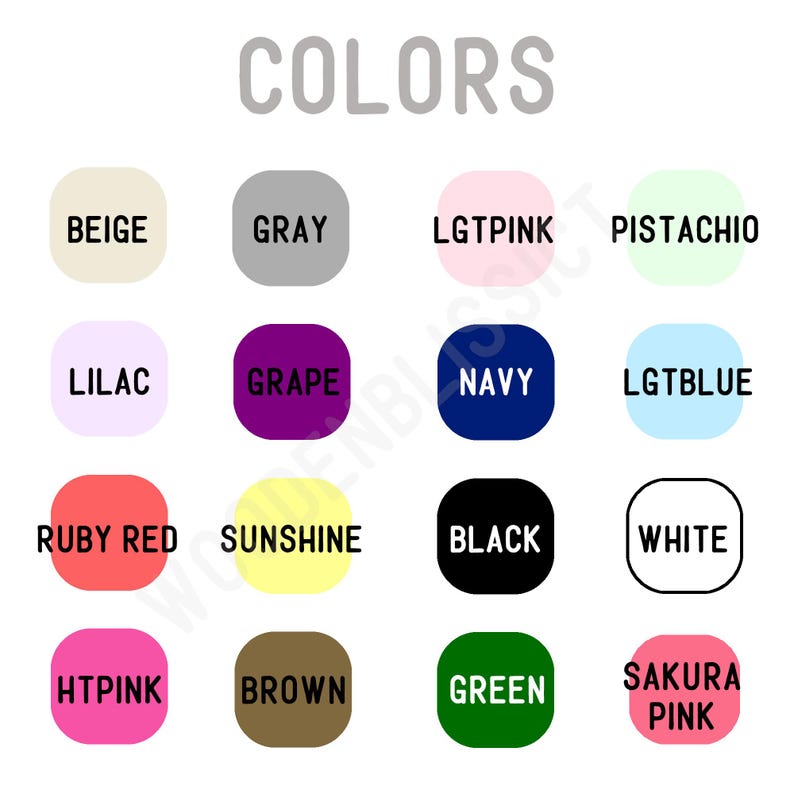 Pu&ograve; includere: Un grafico con la parola "COLORS" in alto e 16 campioni di colore con i loro nomi sotto. I colori sono: beige, grigio, rosa chiaro, pistacchio, lilla, uva, blu navy, azzurro, rosso rubino, sole, nero, bianco, rosa acceso, marrone, verde e rosa sakura.