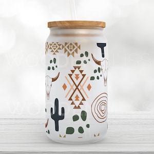Glass Cold Coffee Cup, Iced Coffee Glass Can, Frosted Glass Tumbler, Bull Head Desert Boho Cup, Gift For Her, Mother&#39;s Day Gift