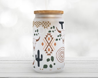Glass Cold Coffee Cup, Iced Coffee Glass Can, Frosted Glass Tumbler, Bull Head Desert Boho Cup, Gift For Her, Mother's Day Gift