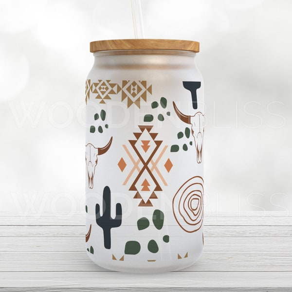 Glass Cold Coffee Cup, Iced Coffee Glass Can, Frosted Glass Tumbler, Bull Head Desert Boho Cup, Gift For Her, Mother's Day Gift