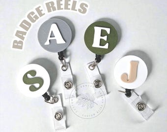 Initial Badge Reel Holder, Personalized Custom Gift, Pick Your Initial, Back to School, Retractable Badge Belt Holder, Round, Minimalist