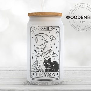The Moon Tarot Card Glass Can, Iced Coffee Cup, Astrology, Tarot Card Reading, Good Fortune,Boho, Magic, Birthday Gift for Her