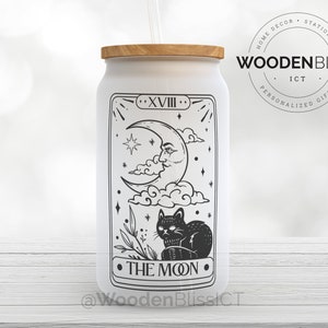 Lata de cristal con la carta del tarot de la luna, taza de café helado, astrología, lectura de cartas del tarot, buena fortuna, estilo bohemio, magia, regalo de cumpleaños para ella