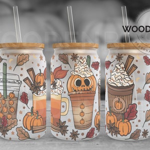 Autumn Fall Glass Cup, Pumpkin Spice Ice Coffee Glass Can, Straw and Bamboo Lid Included, Birthday Gift, Orange Fall Decor, Fall Tumbler image 2