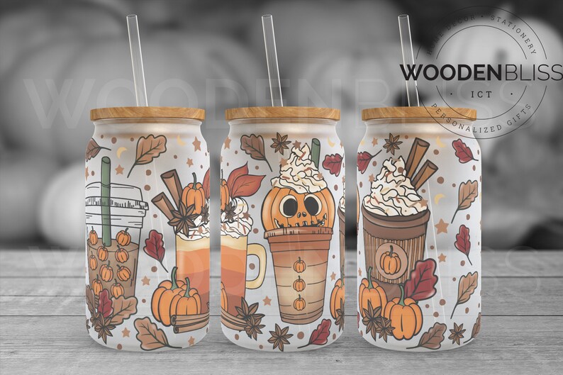 Autumn Fall Glass Cup, Pumpkin Spice Ice Coffee Glass Can, Straw and Bamboo Lid Included, Birthday Gift, Orange Fall Decor, Fall Tumbler image 2