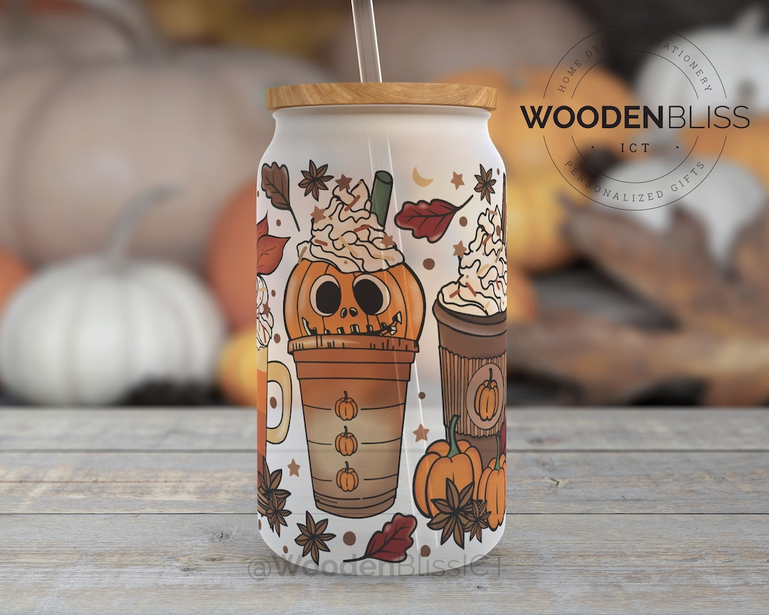 Autumn Fall Glass Cup, Pumpkin Spice Ice Coffee Glass Can, Straw and ...