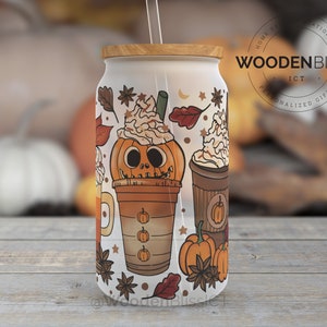 Autumn Fall Glass Cup, Pumpkin Spice Ice Coffee Glass Can,  Straw and Bamboo Lid Included, Birthday Gift, Orange Fall Decor, Fall Tumbler