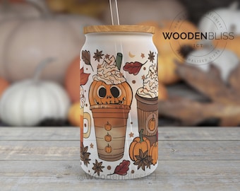 Autumn Fall Glass Cup, Pumpkin Spice Ice Coffee Glass Can,  Straw and Bamboo Lid Included, Birthday Gift, Orange Fall Decor, Fall Tumbler