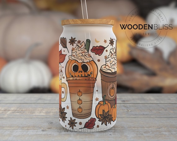 Autumn Fall Glass Cup, Pumpkin Spice Ice Coffee Glass Can,  Straw and Bamboo Lid Included, Birthday Gift, Orange Fall Decor, Fall Tumbler