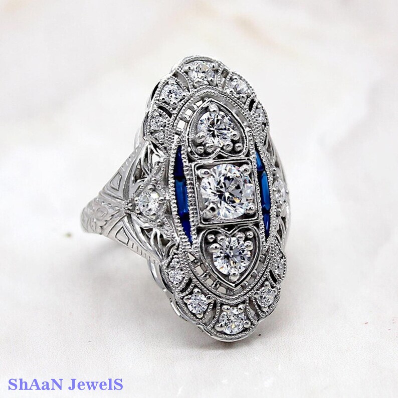 1945's Vintage Lozenge Dinner Ring, shops Antique Art Deco Engagement Ring, Three Stone Vintage Ring, Antique Edwardian Ring,Handmade Ring For Her
