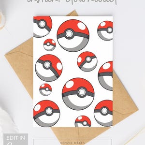Może przedstawiać: Biała karta z powtarzającym się wzorem czerwonych, białych i szarych Pok&eacute; Balli. U g&oacute;ry widnieje napis "instant download", a po lewej stronie "Edit in Canva". Na dole znajduje się tekst "KENZIE MAKES".