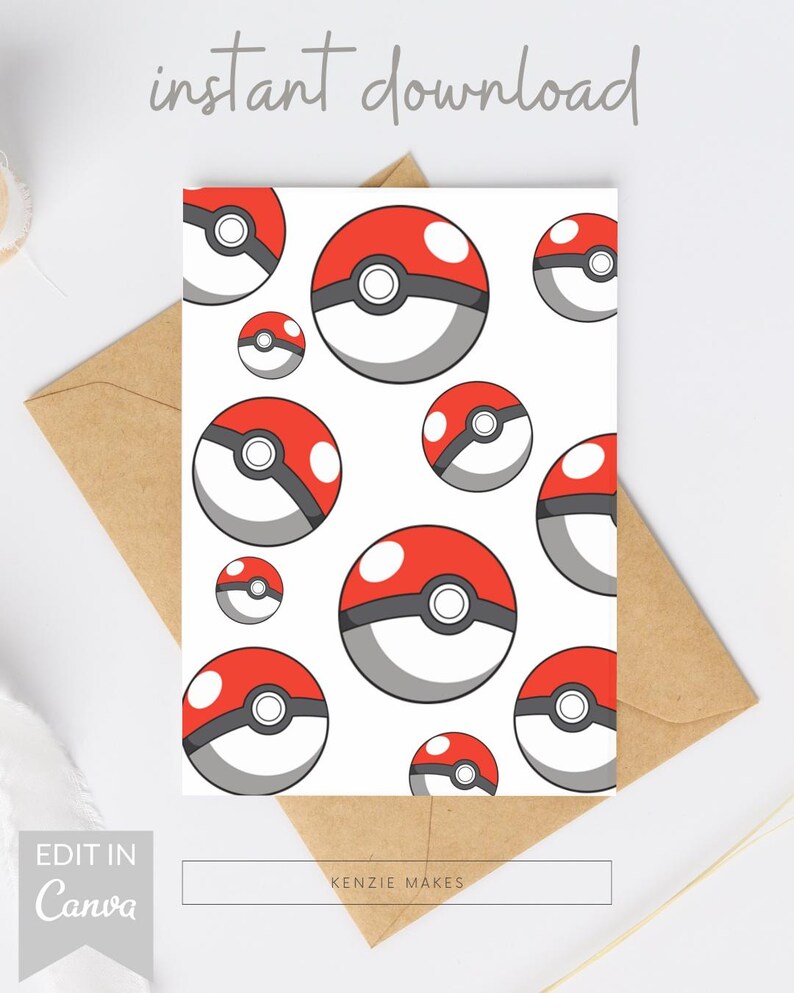 Może przedstawiać: Biała karta z powtarzającym się wzorem czerwonych, białych i szarych Pok&eacute; Balli. U g&oacute;ry widnieje napis "instant download", a po lewej stronie "Edit in Canva". Na dole znajduje się tekst "KENZIE MAKES".