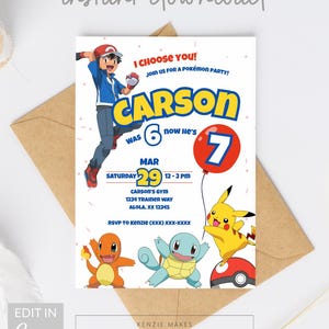 Może przedstawiać: Białe zaproszenie z motywem Pok&eacute;mon. Zaproszenie zawiera tekst "I Choose You!" i "Join us for a Pok&eacute;mon Party!" wraz z imieniem "Carson" i wiekiem "7". Zaproszenie zawiera r&oacute;wnież datę, godzinę i miejsce przyjęcia oraz informacje RSVP.