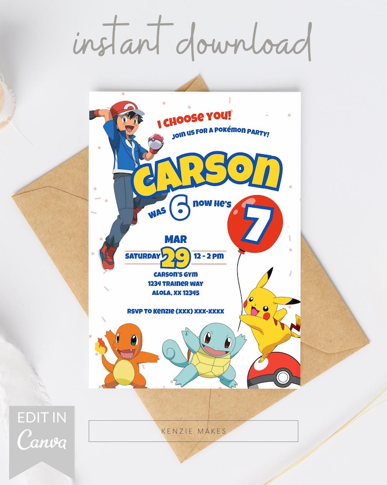 Może przedstawiać: Białe zaproszenie z motywem Pok&eacute;mon. Zaproszenie zawiera tekst "I Choose You!" i "Join us for a Pok&eacute;mon Party!" wraz z imieniem "Carson" i wiekiem "7". Zaproszenie zawiera r&oacute;wnież datę, godzinę i miejsce przyjęcia oraz informacje RSVP.
