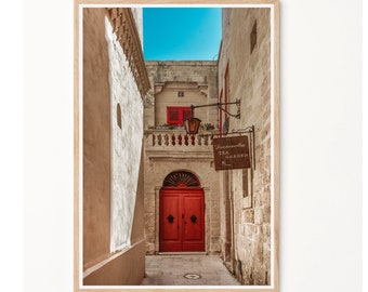 Red Doors Malta Photography Print, Sand stone Architecture Color, Canvas Wall Art, European Islands, Medina Old City