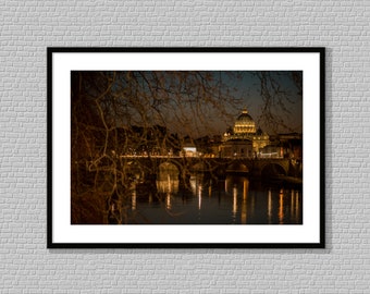 Ponte Umberto I - Rome Photography Print, Night Architecture Color, Canvas Wall Art, European bridges