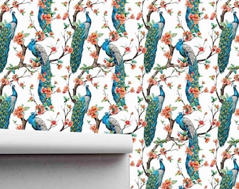 Removable Peel & Stick Wallpaper - Pre-Pasted Wallcovering - Residential Wall Murals - Nursery Interior - Peacock Birds Home Décor