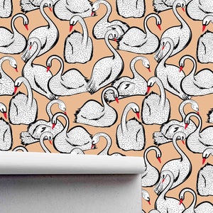 Swan Pattern Wallpaper - Self Adhesive Fabric Peel and Stick Removable Wallcovering - Pre-pasted PVC-free Wall Murals by WallsHaveSoul