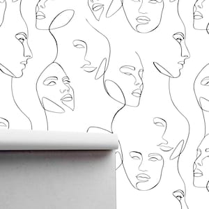 Abstract Female Faces Outline Wallpaper - Self Adhesive Peel & Stick Removable Wallpaper - Pre-pasted Paper Wallcovering by WallsHaveSoul