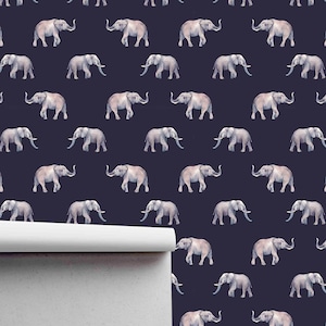 Elephants on Navy Background Pattern Wallpaper - Fabric Self Adhesive Peel and Stick Wallpaper - Removable Pre-pasted Paper Wallcovering