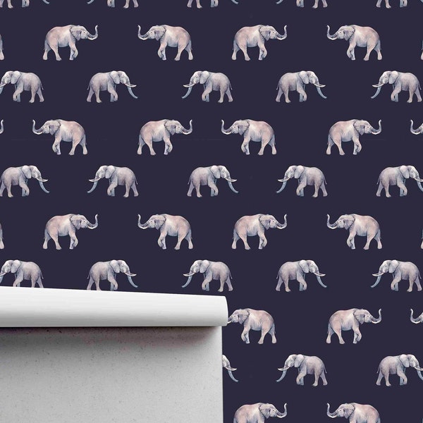 Elephants on Navy Background Pattern Wallpaper - Tissu auto-adhésif Peel and Stick Wallpaper - Revêtement mural en papier pré-collé amovible