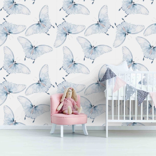 Papier peint à motif de papillon bleu bébé - Revêtement mural amovible en tissu pelé et bâton - Murale de pépinière Dainty Butterfly par WallsHaveSoul