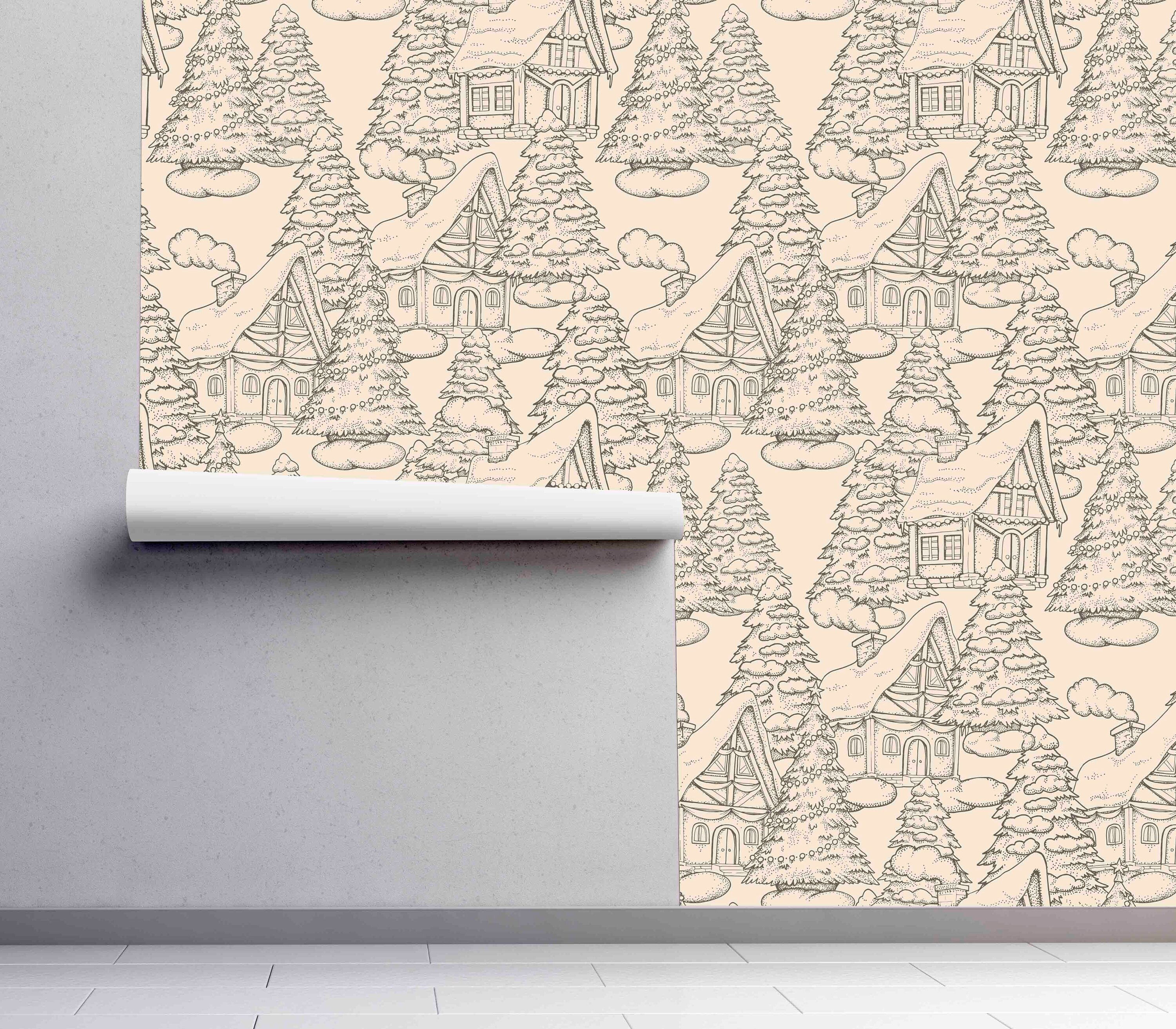 Cozy Winter Homes Removable Wallpaper Seasonal Wallcovering Pre-pasted Wall Murals by WallsHaveSoul Self Adhesive Fabric Peel & Stick