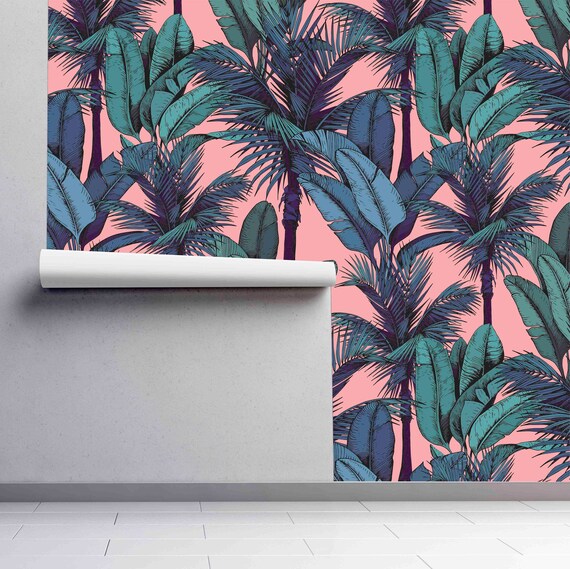 Self Adhesive Pre-pasted Wallpaper Coastal Palms Illustration Peel and Stick Wallpaper by WallsHaveSoul Tropical Wallcovering