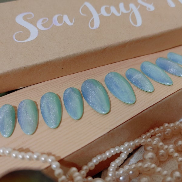 Mermaid Scales - Summer Season - Press On Nails - Blue, Ocean Cat Eye - Gel Polish