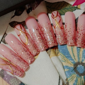 Pink Champagne - Gold Tinsel - Bubbly Glitter and Gold - Rose Gold Nails
