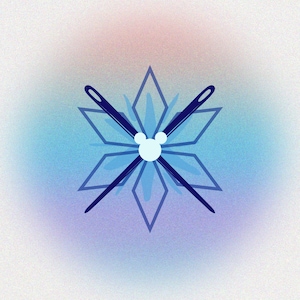 May include: A blue snowflake design with two crossed needles and a white Mickey Mouse head in the center.