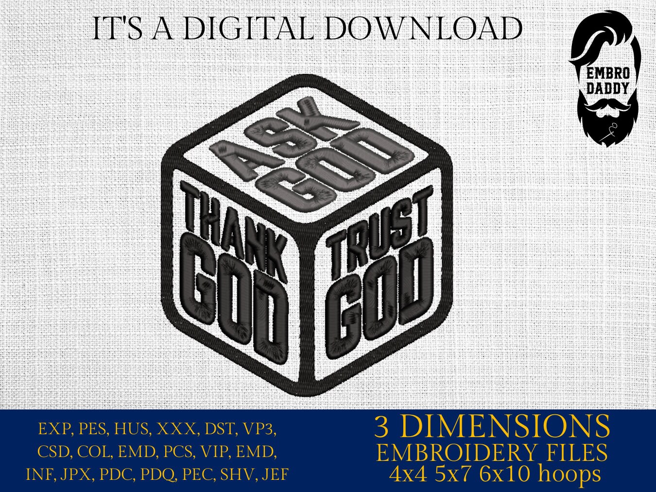 Machine Embroidery files,  Trust God, PES, DST, xxx, hus & more