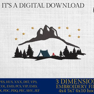 Machine Embroidery files, Tend, Mountain Forest, Camping in the Woods Silhouette, PES, hus, dst, vp3 & more