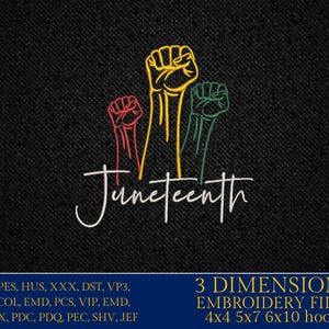 May include: Three raised fists in red, yellow, and green, symbolizing Juneteenth. The word "Juneteenth" is written in white cursive below the fists. The image is on a black background.  The text below the image reads "3 DIMENSIONS EMBROIDERY FILES 4x4 5x7 6x10 hoops".