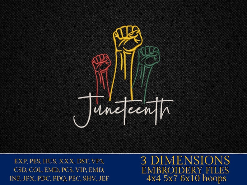 K&ouml;nnte beinhalten: Drei erhobene F&auml;uste in Rot, Gelb und Gr&uuml;n, die Juneteenth symbolisieren. Das Wort "Juneteenth" ist in wei&szlig;er Kursivschrift unter den F&auml;usten geschrieben. Das Bild ist auf schwarzem Hintergrund. Der Text unter dem Bild lautet "3 DIMENSIONEN STICKDATEIEN 4x4 5x7 6x10 Reifen".