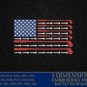 Könnte beinhalten: Ein amerikanisches Flaggen-Design mit Golfschlägern und Golfbällen. Die Flagge ist rot, weiß und blau. Die Golfschläger sind weiß und die Golfbälle sind weiß. Der Text unter der Flagge lautet "3 DIMENSIONS EMBROIDERY FILES 4x4 5x7 6x10 hoops".