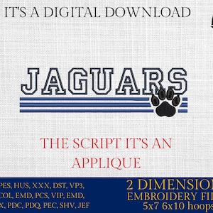 May include: Digital download featuring the word "Jaguars" in a collegiate font, with a black paw print and blue stripes. Text includes "It's a Digital Download" and "The Script It's an Applique".