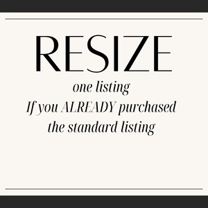 May include: A rectangular cream-colored card with rounded corners and a black border. The word "RESIZE" is at the top in a bold, elegant font. Below, smaller text reads "one listing" and "If you ALREADY purchased the standard listing."