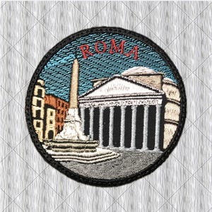 May include: A circular embroidered patch featuring a depiction of the Pantheon in Rome with an obelisk in the foreground. The word ROMA is stitched in red thread at the top. The design includes shades of blue, tan, white, and black with a black border.