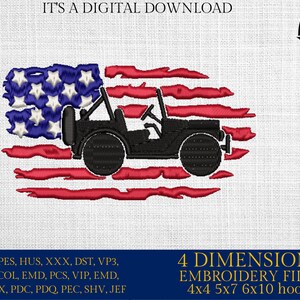 May include: A digital embroidery design of a black Jeep silhouette driving through a distressed American flag. The design is available in four sizes: 4x4, 5x7, 6x10 hoops.  EXP, PES, HUS, XXX, DST, VP3, CSD, COL, EMD, PCS, VIP, EMD, INF, JPX, PDC, PDQ, PEC, SHV, JEF.