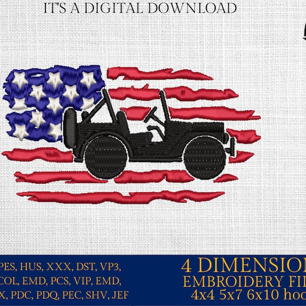 Machine Embroidery files, USA flag, Off road car,  PES, xxx, dst, hus & more