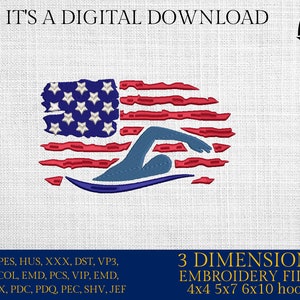 Puede incluir: Una descarga digital de archivos de bordado para un diseño de bandera estadounidense nadando. Los archivos están disponibles en 3 tamaños: aros de 4x4, 5x7 y 6x10.