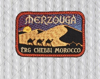 Merzouga Erg Chebbi Morocco Embroidered Patch, Sahara Desert Camel Patch, Moroccan Dunes Travel Badge, Iron On or Sew On Souvenir Patch