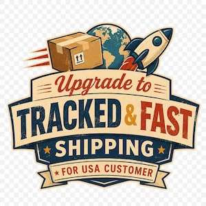 May include: A graphic illustration featuring a brown cardboard box, a globe, and a rocket ship above a banner with the text Upgrade to TRACKED & FAST SHIPPING FOR USA CUSTOMER in red, blue, and yellow colors with a vintage, distressed texture.