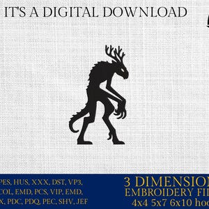Puede incluir: Archivo de bordado digital en blanco y negro de un monstruo con cuernos. El archivo está disponible en tamaños de aro de 4x4, 5x7, 6x10. "Es una descarga digital." y "Embro Daddy" también se incluyen en la imagen.