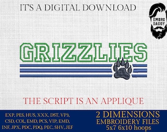 Machine Embroidery files, grizzlies appliqué, sport, PES, xxx, hus & more,  fan embroidery files