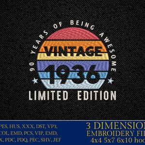 May include: Embroidered patch with a retro design. The patch features the text "VINTAGE 1936" in a colorful, striped design, with "90 YEARS OF BEING AWESOME" arched above and "LIMITED EDITION" below. The patch is on a black background.