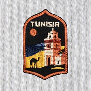 Tunisien-lapp broderidesign, vintage reselapp Tunisien, ökenkameltornsmärke, Nordafrika souvenirlapp, stryklapp