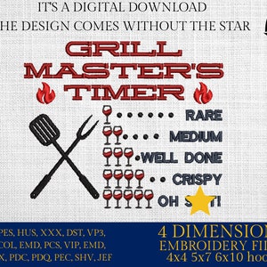 May include: Red and white embroidery design for a grill master's timer. The design includes a spatula and a fork crossed over each other, with a red flame and the text "Grill Master's Timer".  The design also includes a series of wine glasses with dots to indicate different levels of doneness for meat: Rare, Medium, Well Done, Crispy, and Oh S***. The design comes in 4 sizes: 4x4, 5x7, 6x10 hoops.